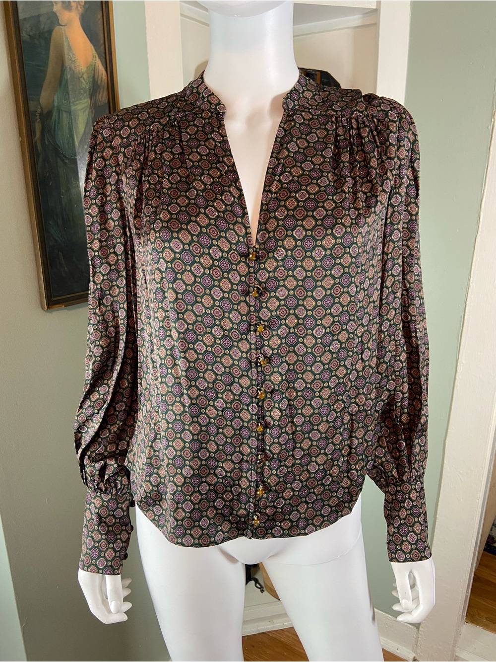 NWT Veronica Beard Esmeralda Silk Blend Geometric Pine Button-Down Blouse [TE] - Picture 2 of 13